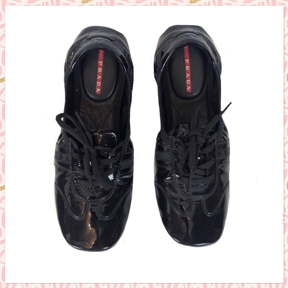 Prada Lace Up Black Patent Leather Loafers